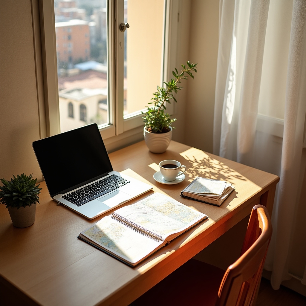 Scrivania di un ufficio a Napoli con quaderni e computer portatile, luce naturale laterale