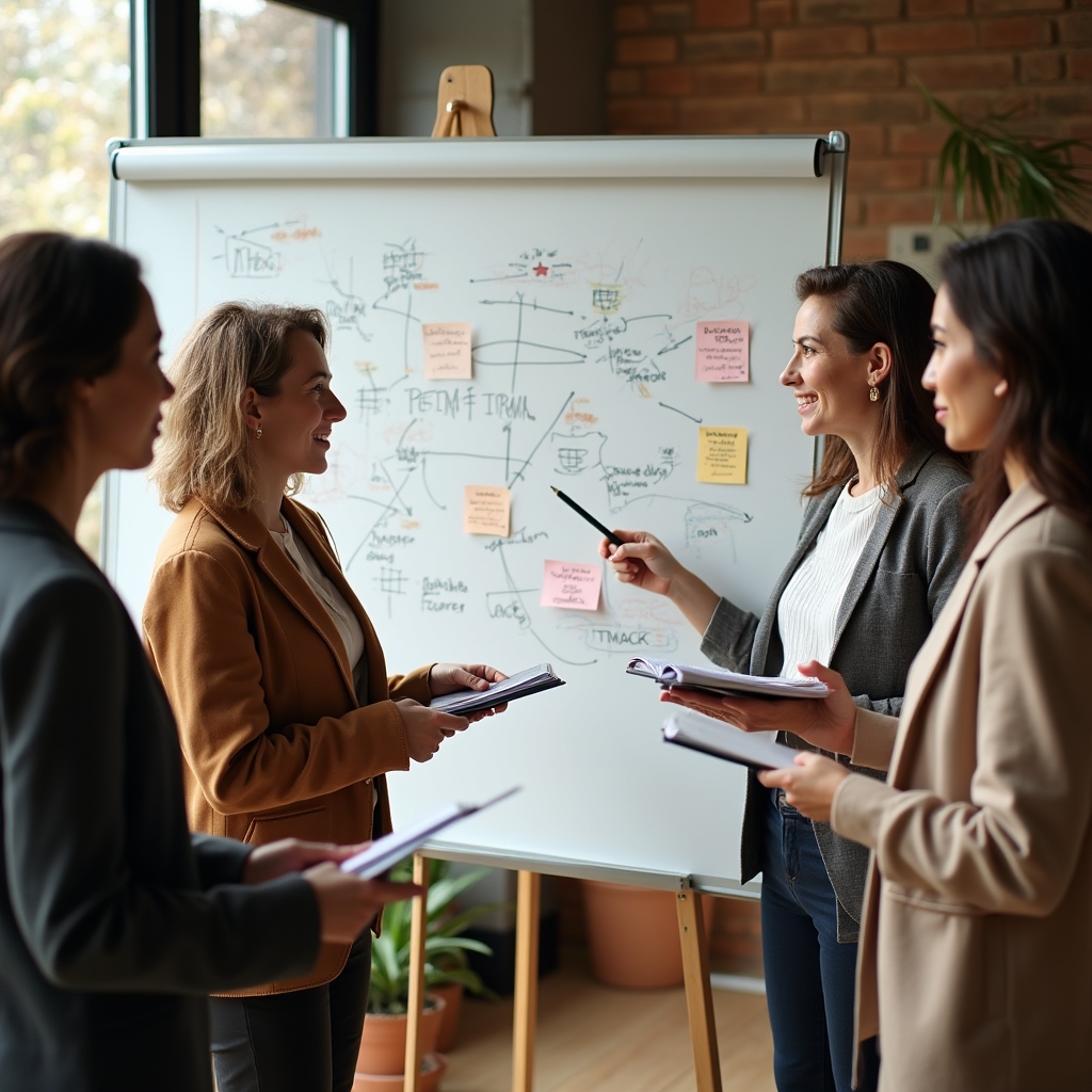 Gruppo di professioniste che lavora davanti a una lavagna con schemi e diagrammi durante un workshop