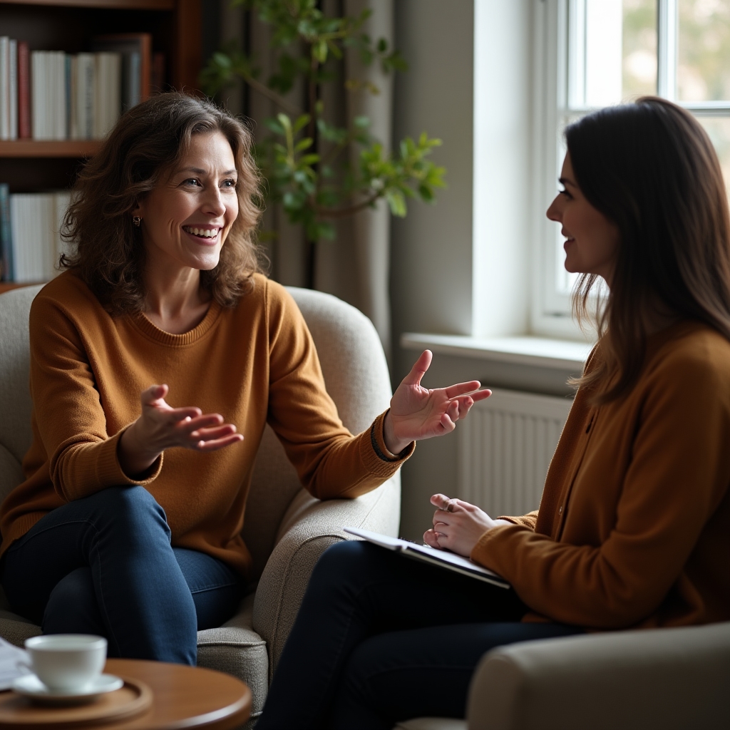 Due donne professioniste che conversano durante una sessione di mentoring, una prende appunti su un quaderno